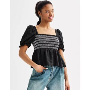 Dizzy Lizzy Peplum Top Women M Black White Puff Sleeve Coquette Blouse